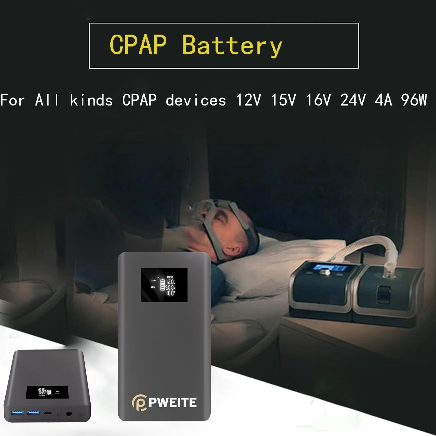 20,000mAh CPAP Battery Pack – Portable Power Bank with 12V–24V DC Output (PD 100W USB-C)