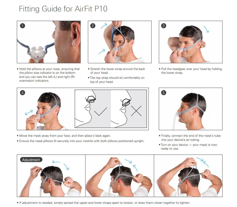 ResMed AirFit P10 Nasal Pillow CPAP Mask – Auto & BiPAP Compatible (S/M/L Cushions Included)